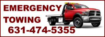 Emergency or Accident Towing, picture of flatbed tow truck, Call 631-838-4311