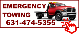 Emergency or Accident Towing, picture of flatbed tow truck, Call 631-838-4311